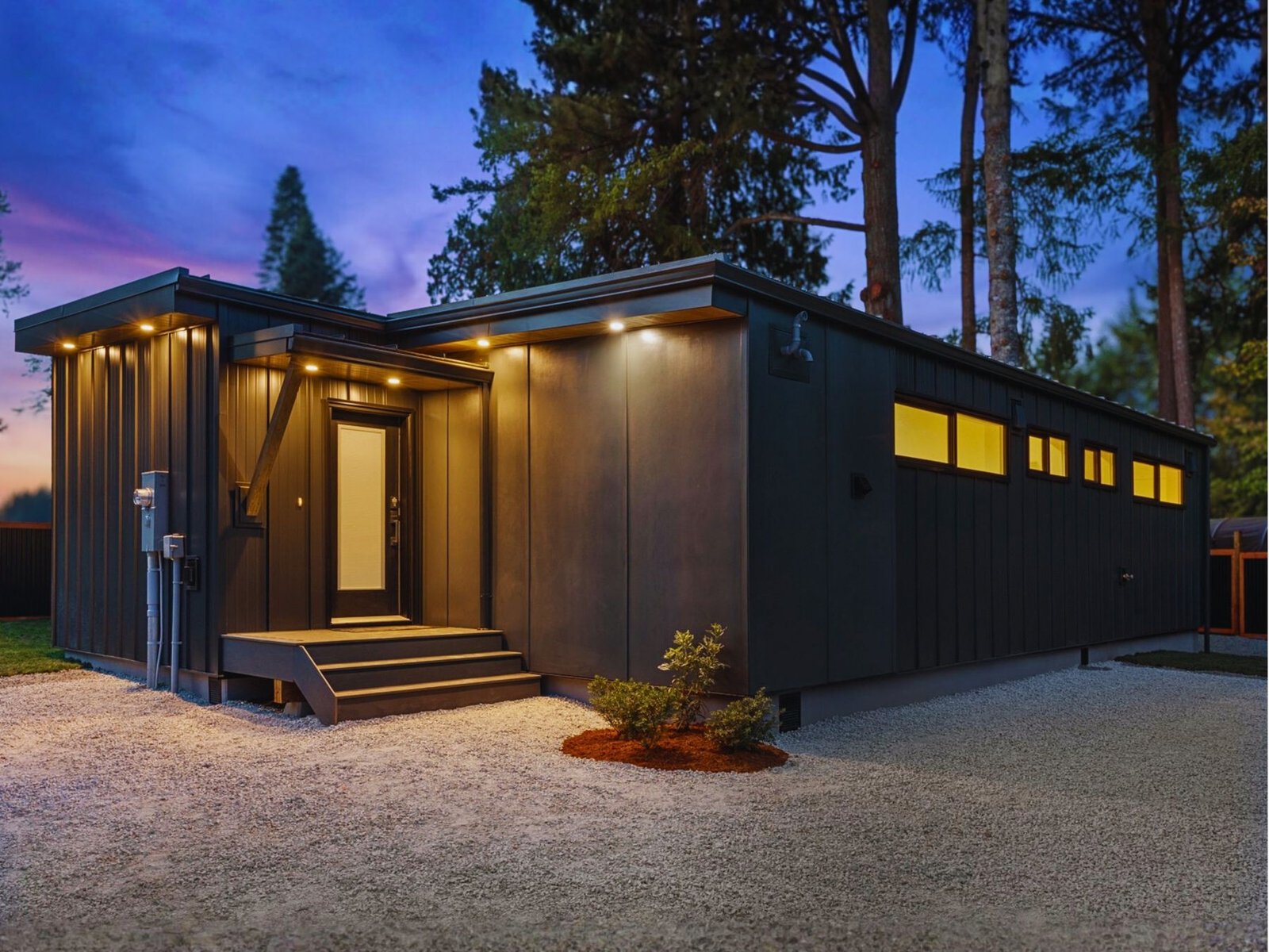 Completed modular home at twilight